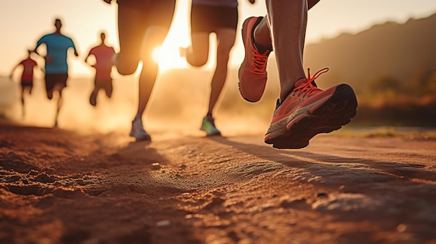 Close up legs runner group running on sunrise seaside trail