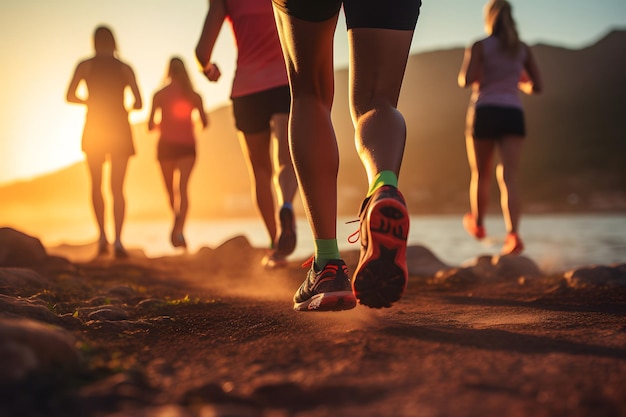 close up legs runner group running on sunrise seaside trail