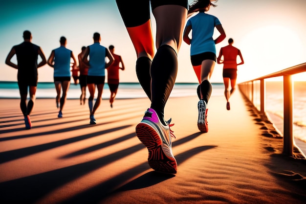 Close up legs runner group running on sunrise seaside