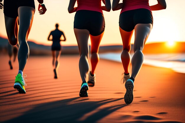 Photo close up legs runner group running on sunrise seaside