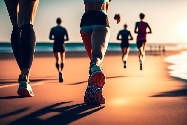 Close up legs runner group running on sunrise seaside