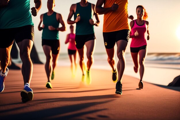 Close up legs runner group running on sunrise seaside