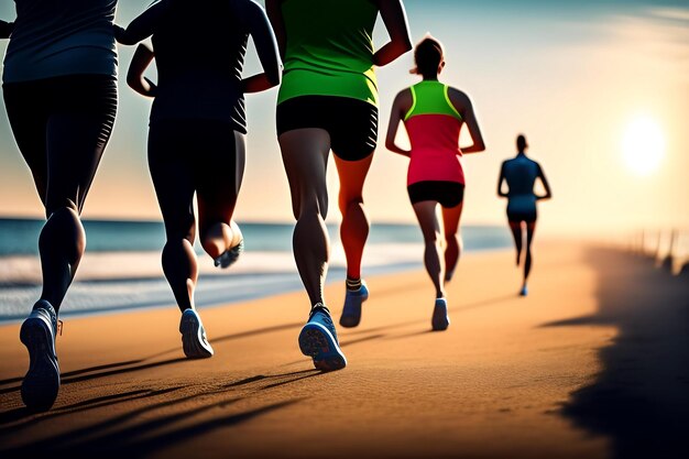 Foto primo piano del gruppo di corridori delle gambe che corre sul mare all'alba