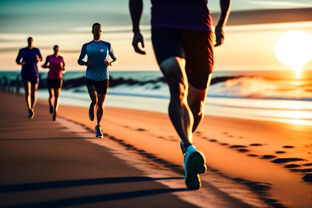 Close up legs runner group running on sunrise seaside