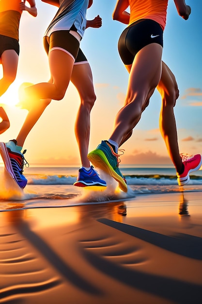 Close up legs runner group running on sunrise seaside