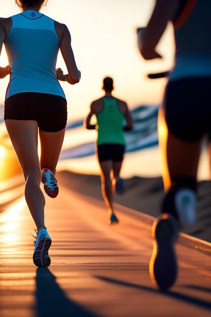 Close up legs runner group running on sunrise seaside