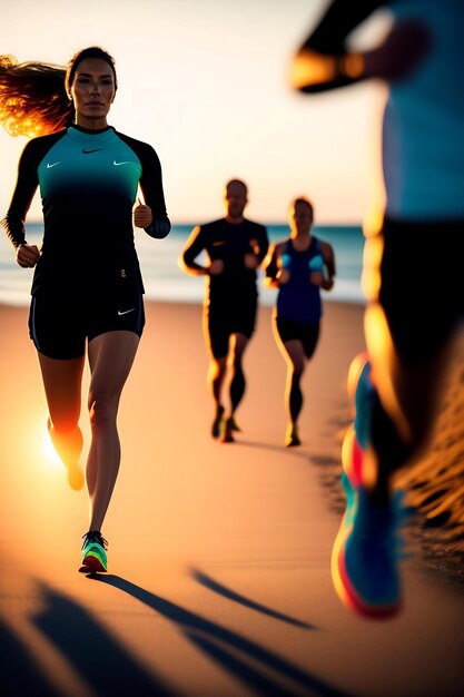 日の出の海辺を走るランナーグループの足の接写