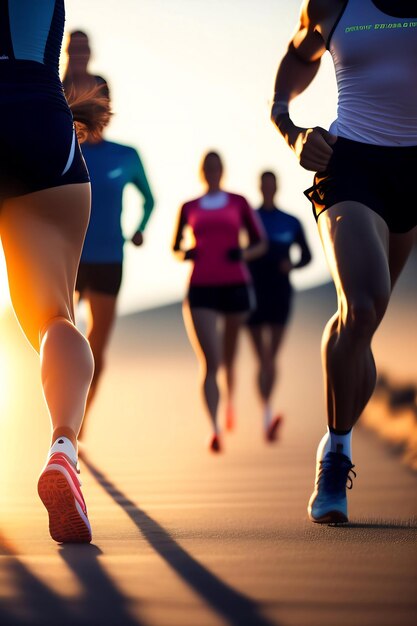 Close up legs runner group running on sunrise seaside