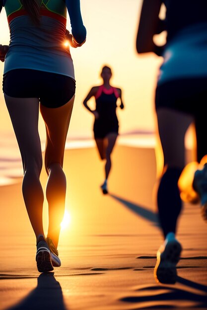 Photo close up legs runner group running on sunrise seaside