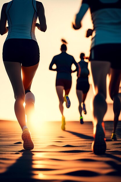 Close up legs runner group running on sunrise seaside