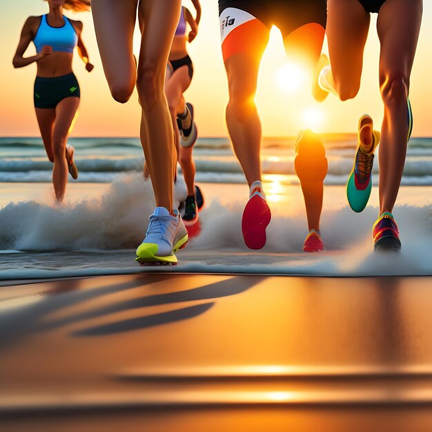 Close up legs runner group running on sunrise seaside