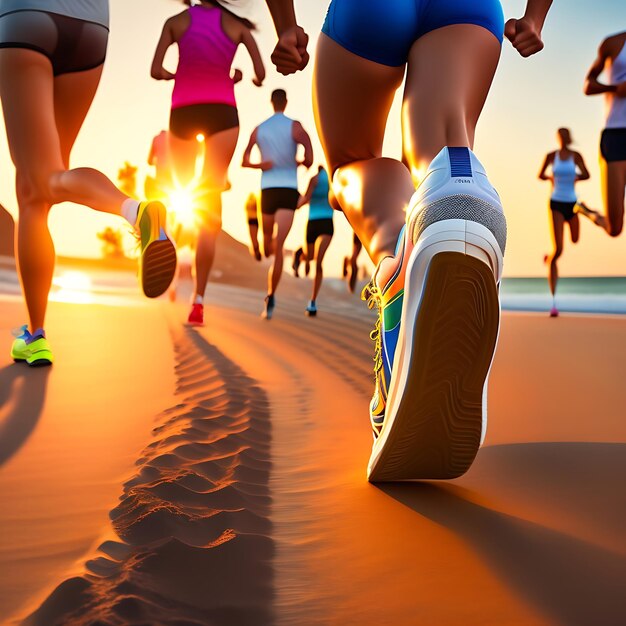Close up legs runner group running on sunrise seaside
