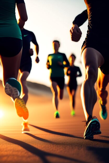 Photo close up legs runner group running on sunrise seaside