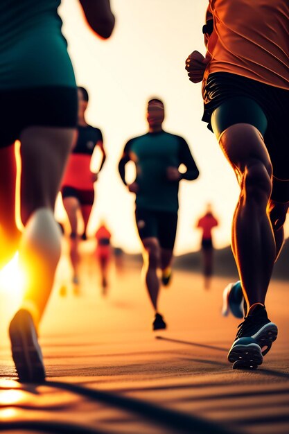 Close up legs runner group running on sunrise seaside