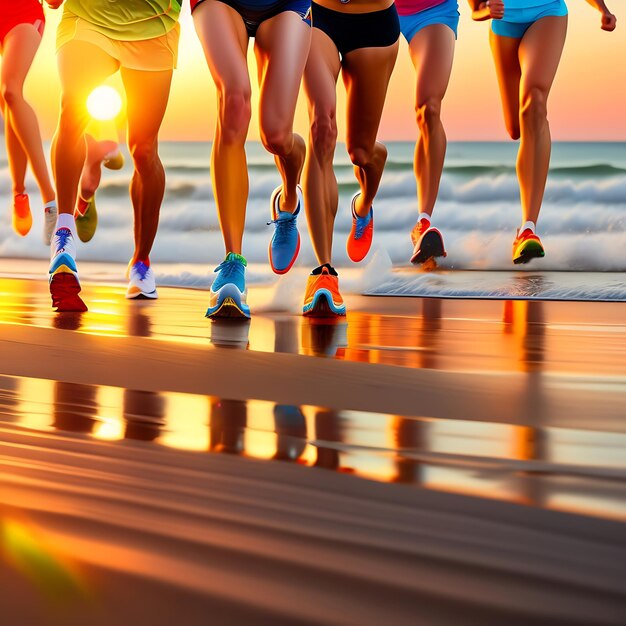 Close up legs runner group running on sunrise seaside