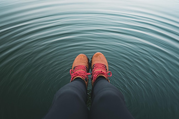 Close up legs with outdoor boots splashing water being playful
and making concentric circle ripples around turqouise lake pov of
brown hiking boots dangle from jetty