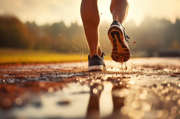 Foto primo piano delle gambe con scarpe sportive che corrono su una pista svegliando i piedi sulla strada ia generata dalla luce naturale