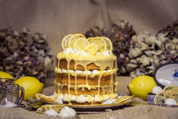 レモンのケーキのクローズアップ