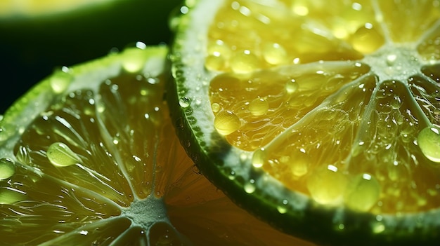 A close up of a lemon and lime slice