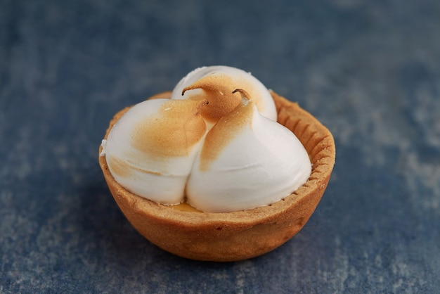 Close-up of a lemon meringue tart.