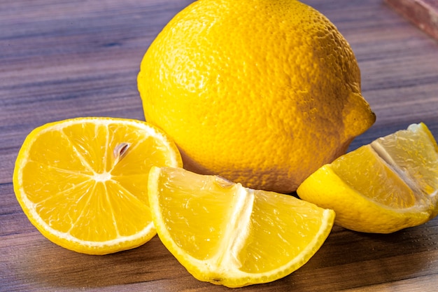 Close up of lemon  on rustic wooden table