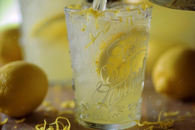 Foto un primo piano di limonata versata in un bicchiere con cubetti di ghiaccio