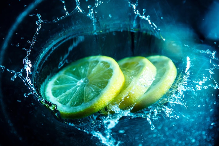 Фотография близкий план лимонов, брызгающих водой