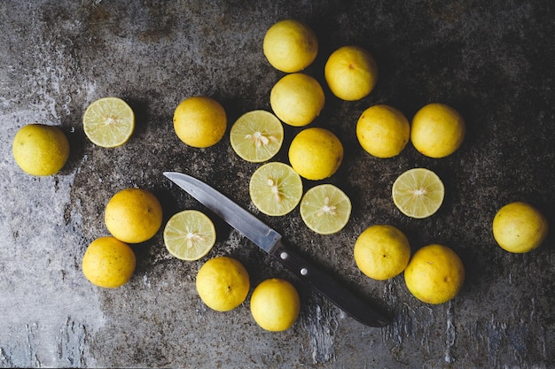 close-up of lemons at table