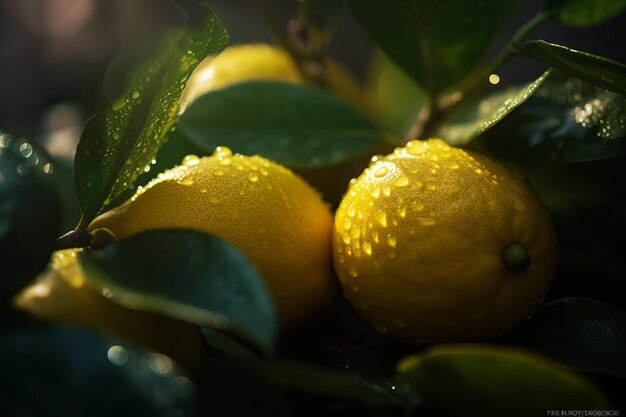 A close up of lemons with the sun shining on them