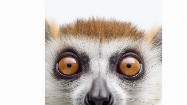 A close up of a lemur's face with a white background