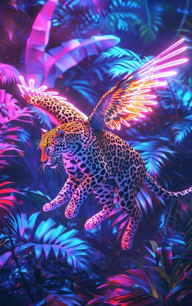 Photo a close up of a leopard flying through a jungle filled with plants generative ai