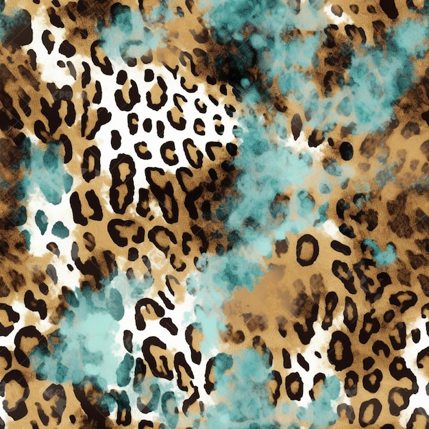 Photo a close up of a leopard print fabric with a blue and brown background generative ai