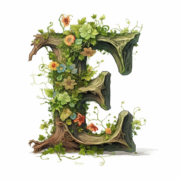 A close up of a letter e with flowers and vines generative ai