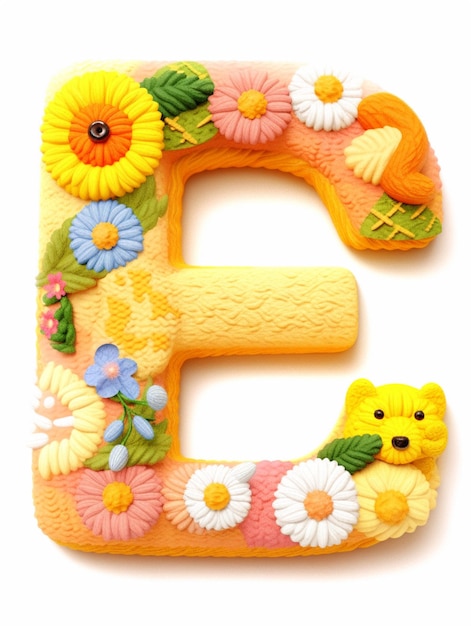 a close up of a letter e with a teddy bear and flowers generative ai