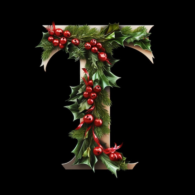 a close up of a letter t decorated with holly leaves and berries generative ai