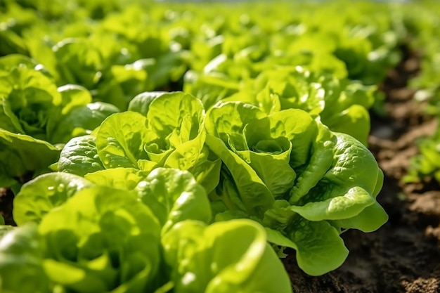 A close up of a lettuce field