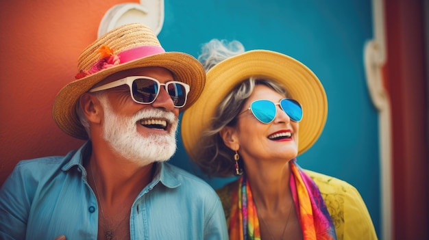 Close-up levendig portret van een bejaard echtpaar gelukkige man en vrouw die reizen Bejaarde reizigers Gelukkige ouderdom Toeristisch seizoen emotionele ouderen AI gegenereerde afbeelding
