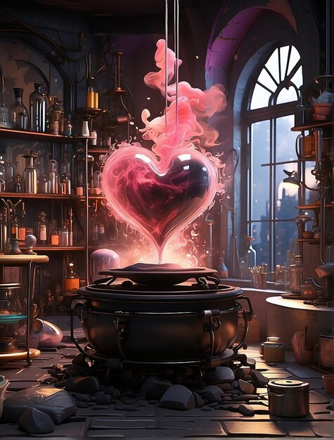 Foto close-up liefdesdrank gebrouwen in een magisch alchemisten laboratorium hartvormige roze rook tekst liefde