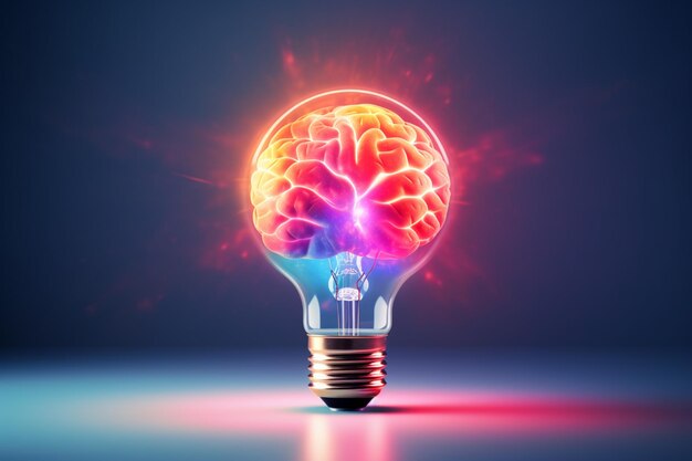 A close up of a light bulb with a glowing brain inside generative ai