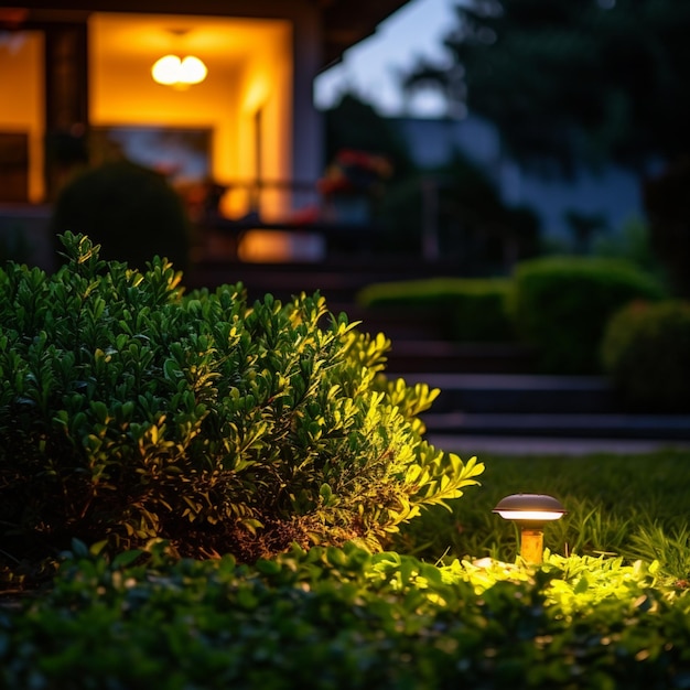 Foto un primo piano di una luce in un giardino con cespugli generativi ai