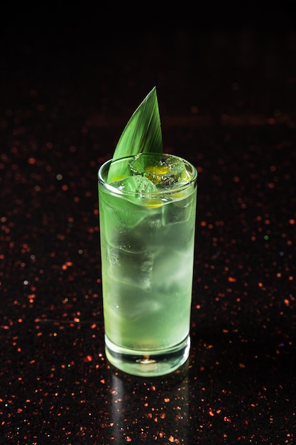 A close-up of a light green alcoholic cocktail in a highball glass with ice, garnished with a bamboo leaf, at the bar counter, dark background