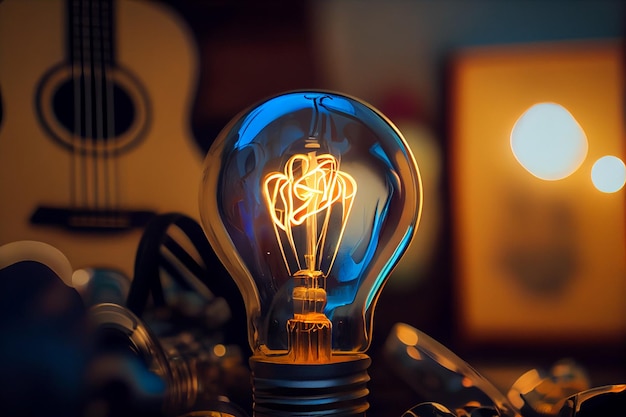 Close up of a lightbulb with a guitar in the backgroundgenerative ai