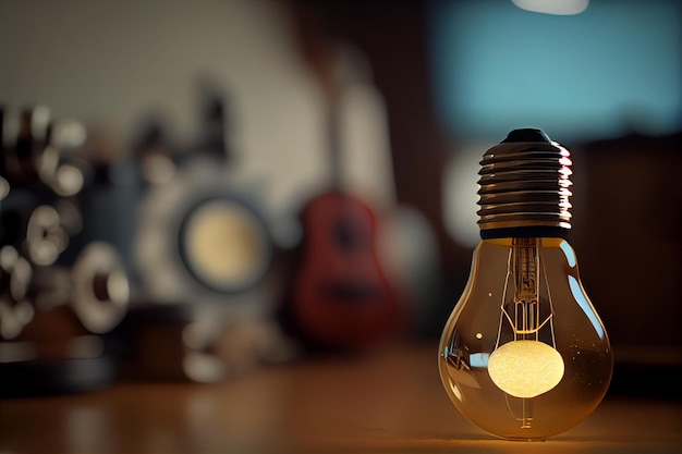 Close up of a lightbulb with a guitar in the backgroundgenerative ai