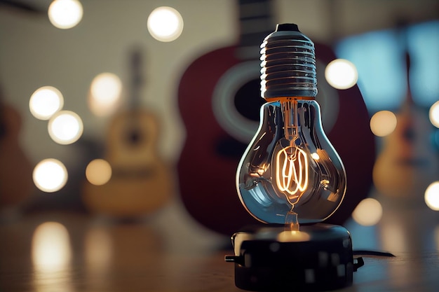 Close up of a lightbulb with a guitar in the backgroundgenerative ai