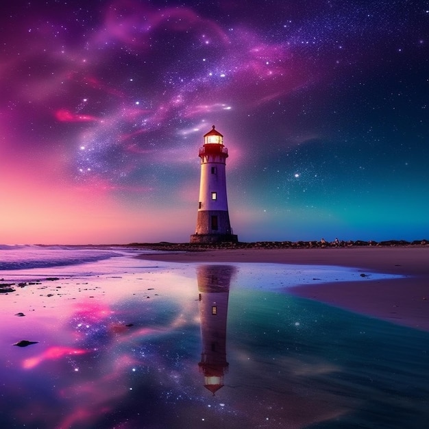 A close up of a lighthouse on a beach with a sky background generative ai
