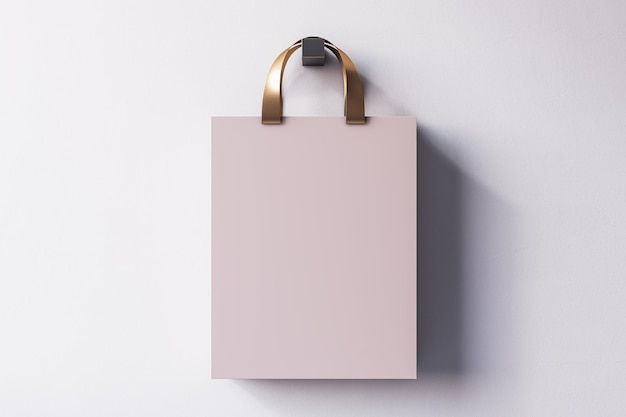 Close up of lilac shopping or present bag on hanging on light backdrop Mock up 3D Rendering