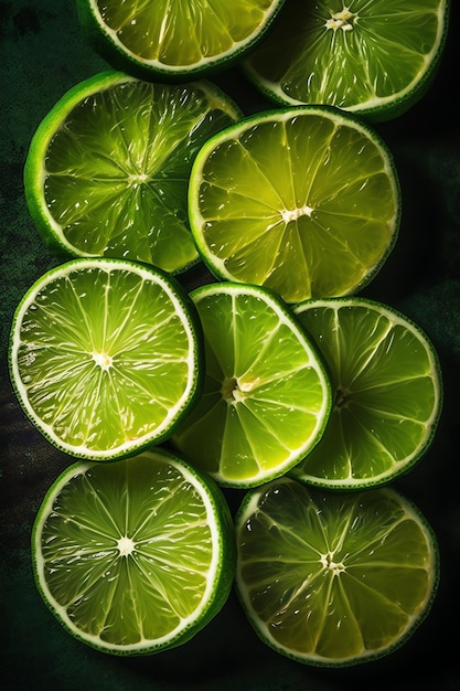 A close up of limes on a green background