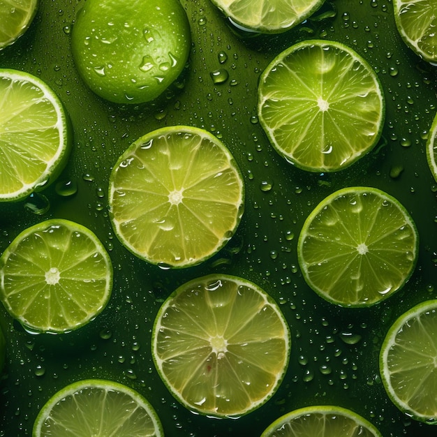 A close up of limes on a green surface