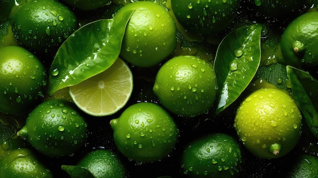 A close up of limes with water droplets on them