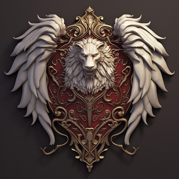 Photo a close up of a lion head with wings on a red shield generative ai